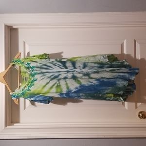 Cold shoulder dress, blue and green tie-dye